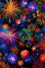 Fototapeta premium Many different colored fireworks are displayed in the dark, in the style of colorful graphic art, richly detailed backgrounds, digitally enhanced, happenings, colorful cartoon art.