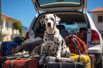 pretty dalmatian sits in the trunk of a packed car