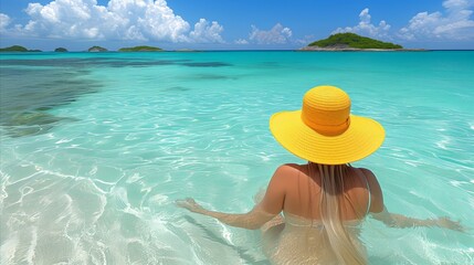 Fototapeta na wymiar Woman in yellow hat enjoying serene tropical beach vacation