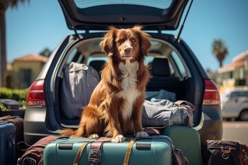 Brown dog sits in the trunk of a packed car