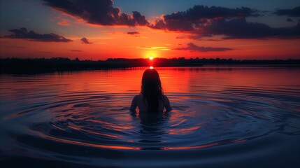 Serene sunset swim: Woman embracing nature's beauty by the lake - Powered by Adobe
