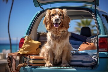 Spaniels dog sits in the trunk of a packed car