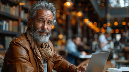 Obraz premium Portrait of handsome mature man with grey beard using laptop in cafe