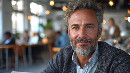 Portrait of handsome mature man with grey beard using laptop in cafe - obrazy, fototapety, plakaty
