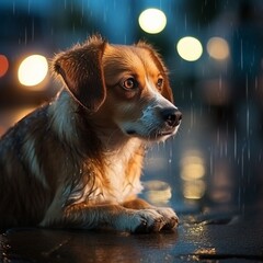poor brown and white mongrel sits outside in the pouring rain at night