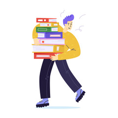 Guy carries a pile of books. Student. Flat design vector illustration.	