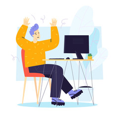 Successful man sitting at the computer and rejoicing. Flat illustration
