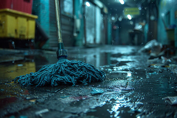 Cleaning the wet floor with a mop. Selective focus. - Powered by Adobe