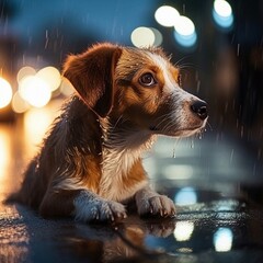 poor brown and white mongrel sits outside in the pouring rain at night