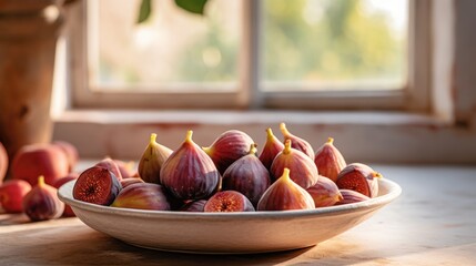 Whole figs on a plate by the window. Delicious summer fruits. Sunny day. AI Generated 