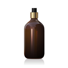 Blank brown glass bottle mockup with open golden spray isolated on white background. Dark amber glass package. Spray dispenser. 3d vector healthcare mockup template. Packaging for beauty product