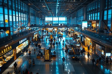 Modern airport terminal bustling with passengers 