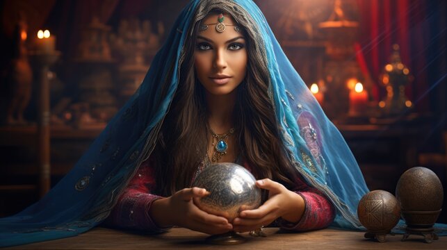 Beautiful female fortune teller guessing future at the table with magic crystal ball and burning candles. AI Generated 