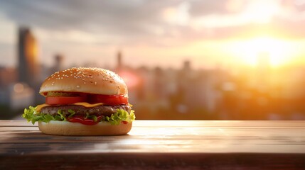 Gros plan sur un hamburger au coucher du soleil dans une ville » IA générative