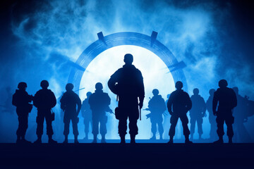 Silhouetted Soldiers with Futuristic Gateway - obrazy, fototapety, plakaty