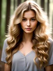 Naklejka premium Woman with long blonde hair standing in front of forest of trees.