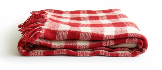 A vibrant red and white checkered blanket neatly folded on top of each other, creating a visually appealing pattern against a classic white background.
