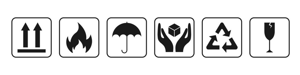 Common packaging. Warning symbol set. Fragile, recycle, handle with care, Indoor use only. Vector