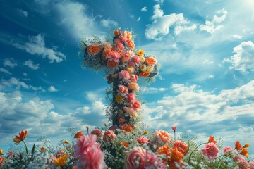 Visual metaphor of a cross adorned with flowers, Easter symbol - obrazy, fototapety, plakaty