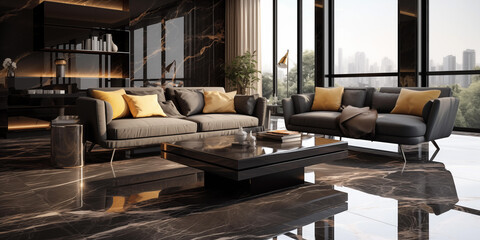 Fototapeta na wymiar an intricate interior design marble tile in beige and black, A living room filled with furniture and a large window, Interior Design for a Modern Living Room