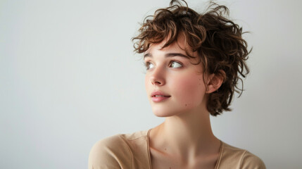 A young woman with short curly hair looking away thoughtfully against a neutral background, embodying a look of curiosity and contemplation.