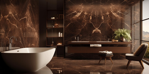 A unique Tropical Bathroom with organic textures and materials that embrace nature, modern dark themed bathroom
