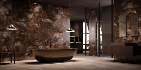 A unique Tropical Bathroom with organic textures and materials that embrace nature, modern dark themed bathroom