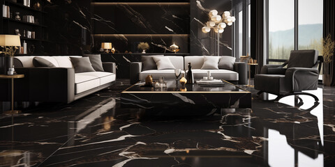 an intricate interior design marble tile in beige and black, A living room filled with furniture and a large window, Interior Design for a Modern Living Room