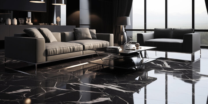 an intricate interior design marble tile in beige and black, A living room filled with furniture and a large window, Interior Design for a Modern Living Room