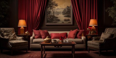 Modern living room interior design. Modernity meets sophistication in the living room, adorned with modern furniture with redish shade