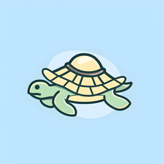 A logo illustration of a turtle with sunhat on light blue background.