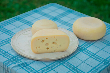 A block of cheese on a wooden plate and cute table. Slice of cheese with large holes and tasty core is visible. Lovely serving suggestion for a cheese.