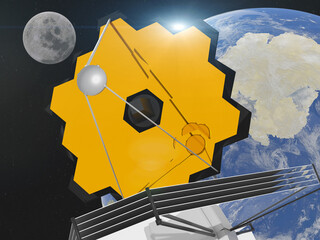 James Webb telescope in outer space near blue planet Earth. Elements of this 3D rendered illustration were furnished by NASA.