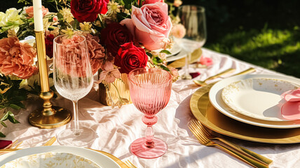 Fototapeta premium Wedding and event celebration tablescape with flowers, formal dinner table setting with roses and wine, elegant floral table decor for dinner party and holiday decoration, home styling