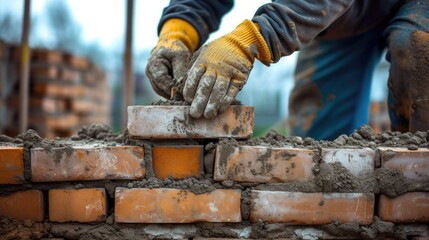 A bricklayer constructs a stone wall using wood, metal tools, and building materials like bricks and rocks. AIG41