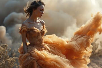A woman in a flowing orange gown poses amidst a dramatic, ethereal mist