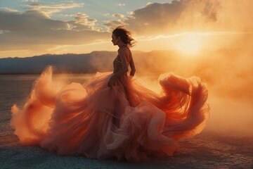 A woman in a flowing orange gown poses amidst a dramatic, ethereal mist