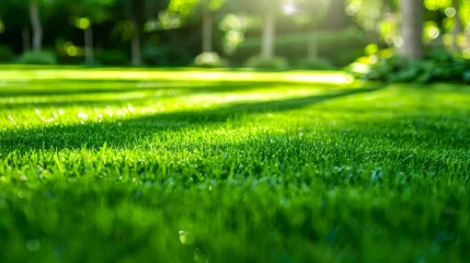 Fotobehang Morning dew on a vibrant green lawn bathed in sunlight. Lush backyard garden with bright green grass in the serene sunlight. © Irina.Pl