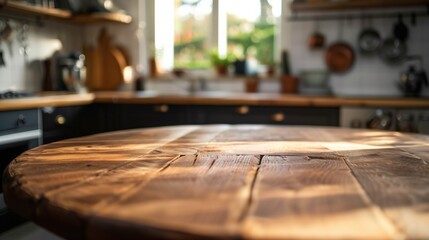 Obraz premium Rustic Wooden Table in a Cozy Sunlit Kitchen