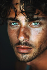 Fototapeta premium An attractive man with green eyes and trendy hairstyle is posing looking at a camera