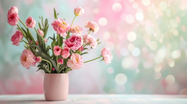 Fresh pink tulips in a pastel vase with a soft bokeh light background. Bright spring bouquet of blooming tulips on a table with romantic pastel lighting.