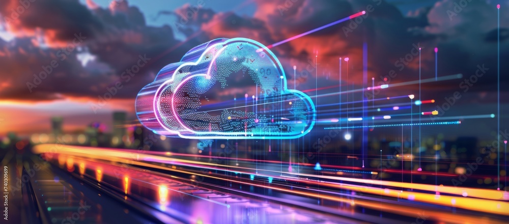 Poster cloud computing with a speeding train on a city background generative ai