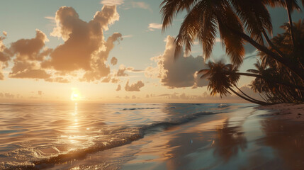 Fototapeta na wymiar Tropical beach panorama view with palm trees, sea or ocean water under sunset sky