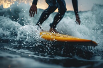 Close-up of a surfer riding a wave  - obrazy, fototapety, plakaty