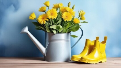 Yellow rubber boots and a bouquet of yellow flowers in a watering can, against a blue wall. Spring concept, illustration. Beautiful seasonal image with flowers