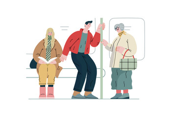Mutual Support Giving up seat in public transport -modern flat vector concept illustration of man offering his seat to elderly woman on bus A metaphor of voluntary, collaborative exchanges of services