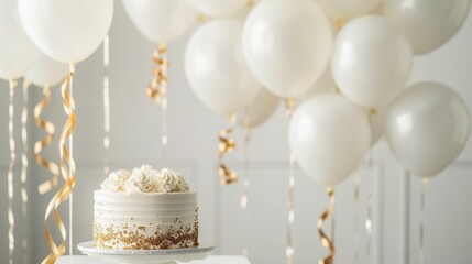 A simple yet elegant birthday background with a white and gold theme, white balloons with golden ribbons floating against a soft white backdrop - obrazy, fototapety, plakaty