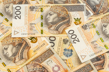 Polish zloty banknotes background. Money background made of polish 200 zloty banknotes.
