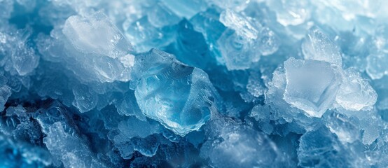 Closeup of intricate ice crystals on water surface with blue sky background, creating a mesmerizing winter landscape scene