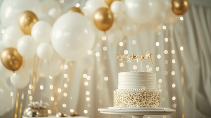 An exquisite two-tiered birthday cake adorned with gold stars and surrounded by white and gold balloons, set against a backdrop of twinkling fairy lights